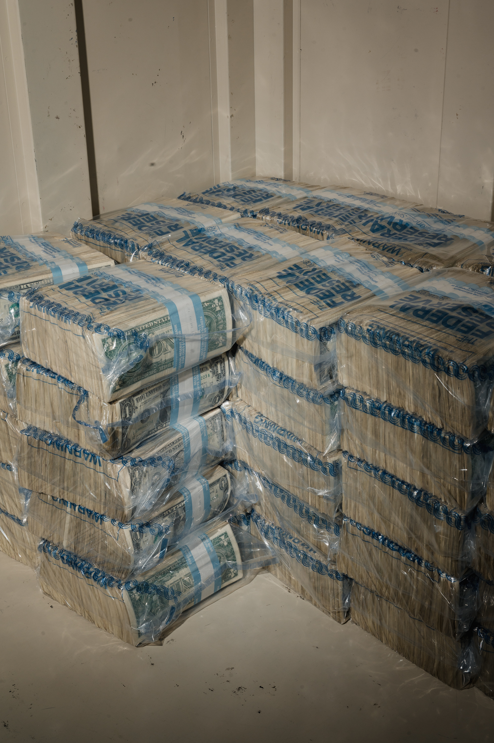 BALTIMORE, MD - JULY 12, 2023: Bags of fit currency ready to be shipped out sit in a shipping container at The Federal Reserve Bank of Richmond in Baltimore, MD. on Wednesday, July 12, 2023.(Photo by Hannah Yoon for The Washington Post)